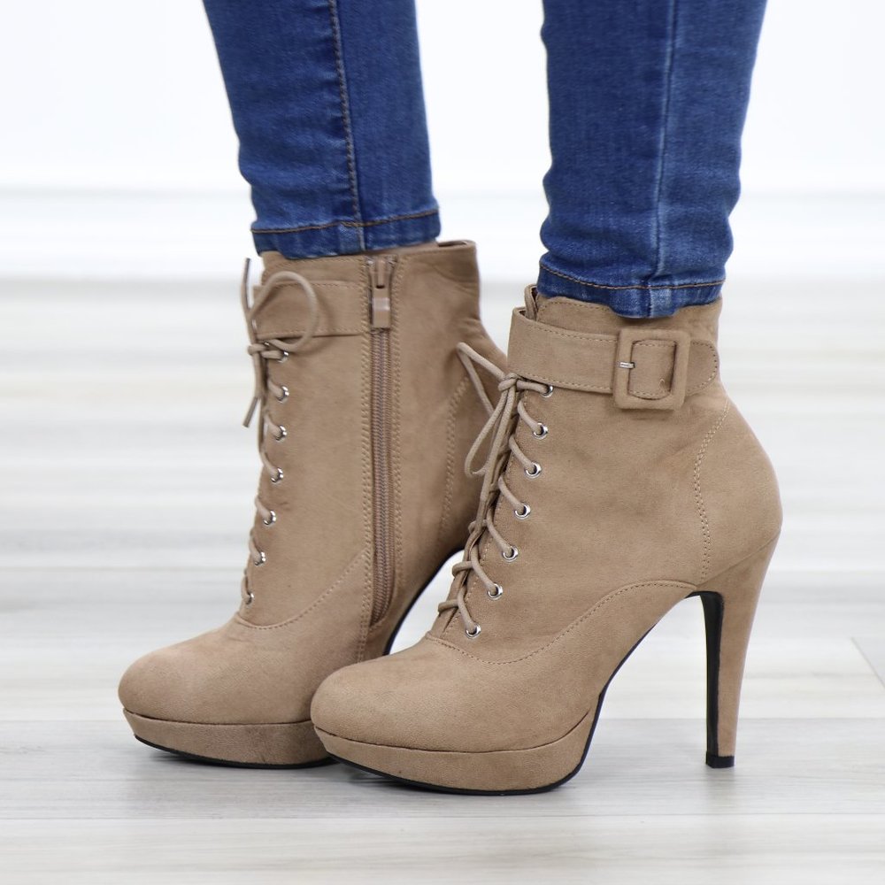 Tan Faux Suede Heel Lace-Up Ankle Booties - Picture 14 of 14